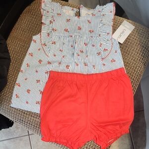 Nwt 12-18 Months Carter's Blue-White Striped Floral Ruffle Top with Red Shorts